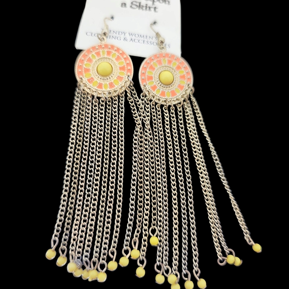 Elegant Fringe Earrings with Pink and Yellow Details